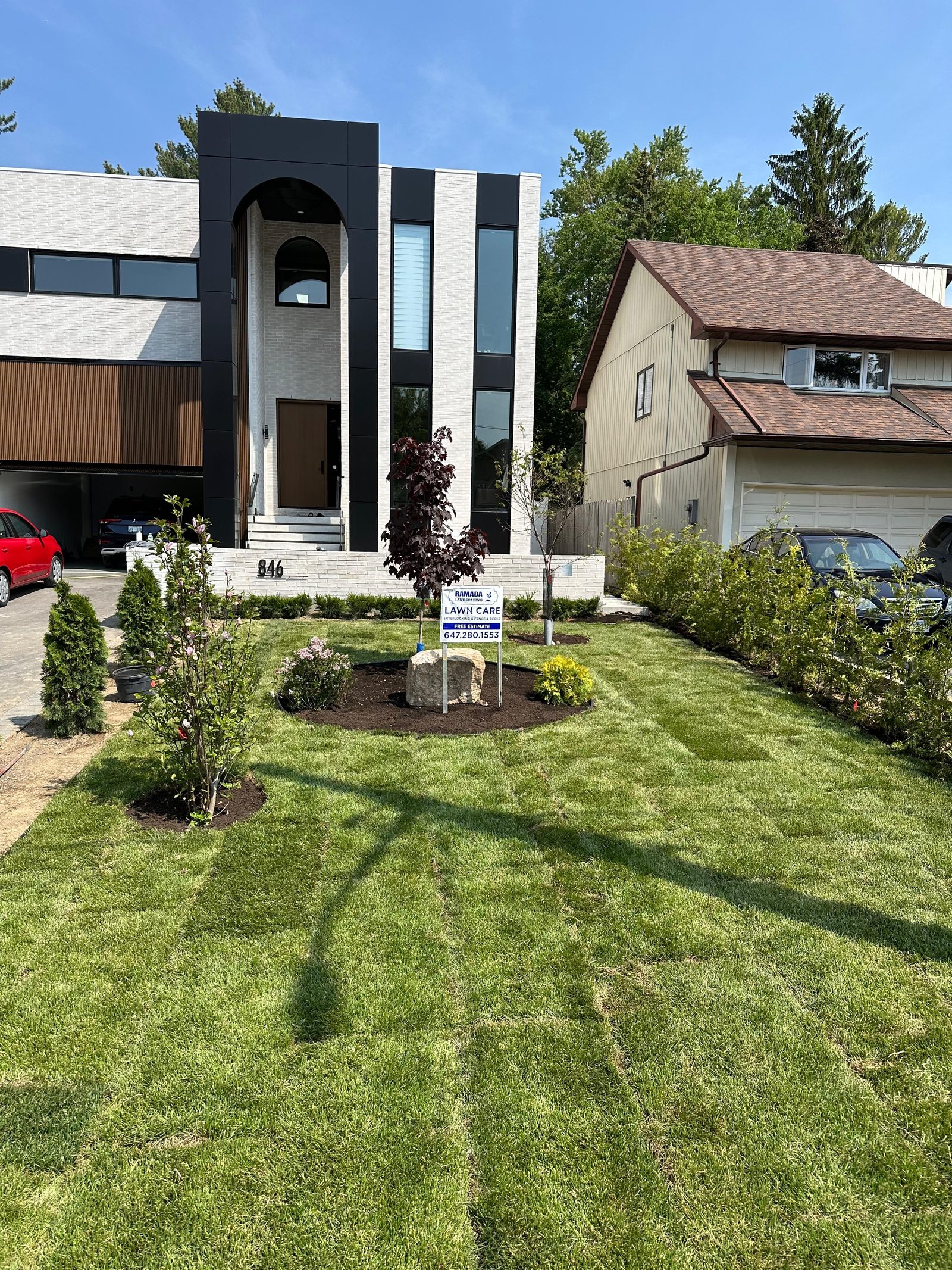 Fresh Kentucky bluegrass sod being rolled out on a graded lawn
